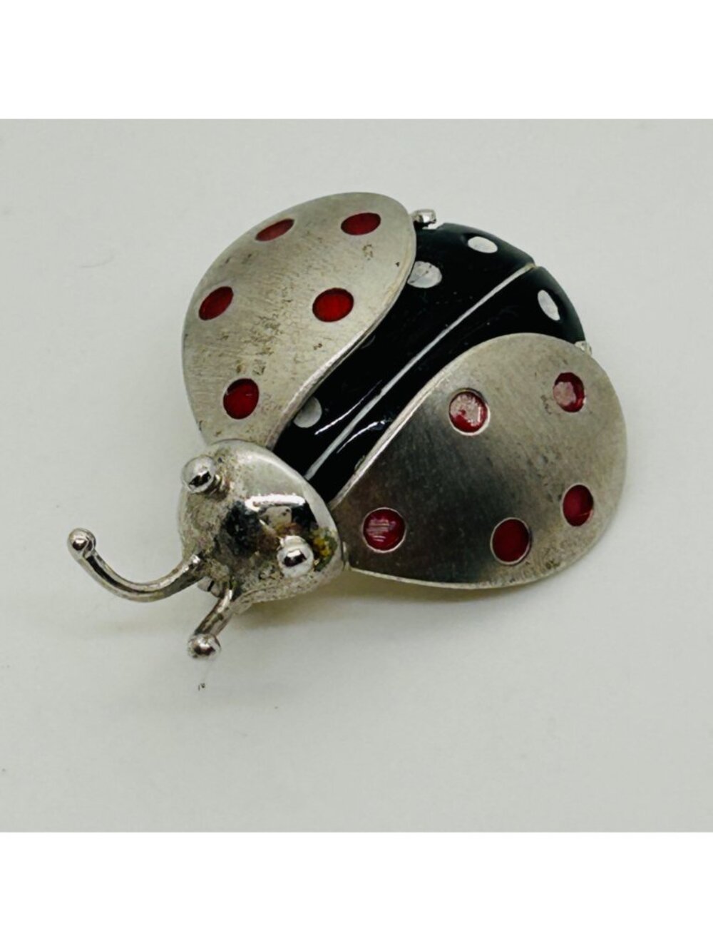 Beau Sterling Ladybug Brooch Figural Pin Red Black Enamel Vintage Insect - Picture 3 of 12